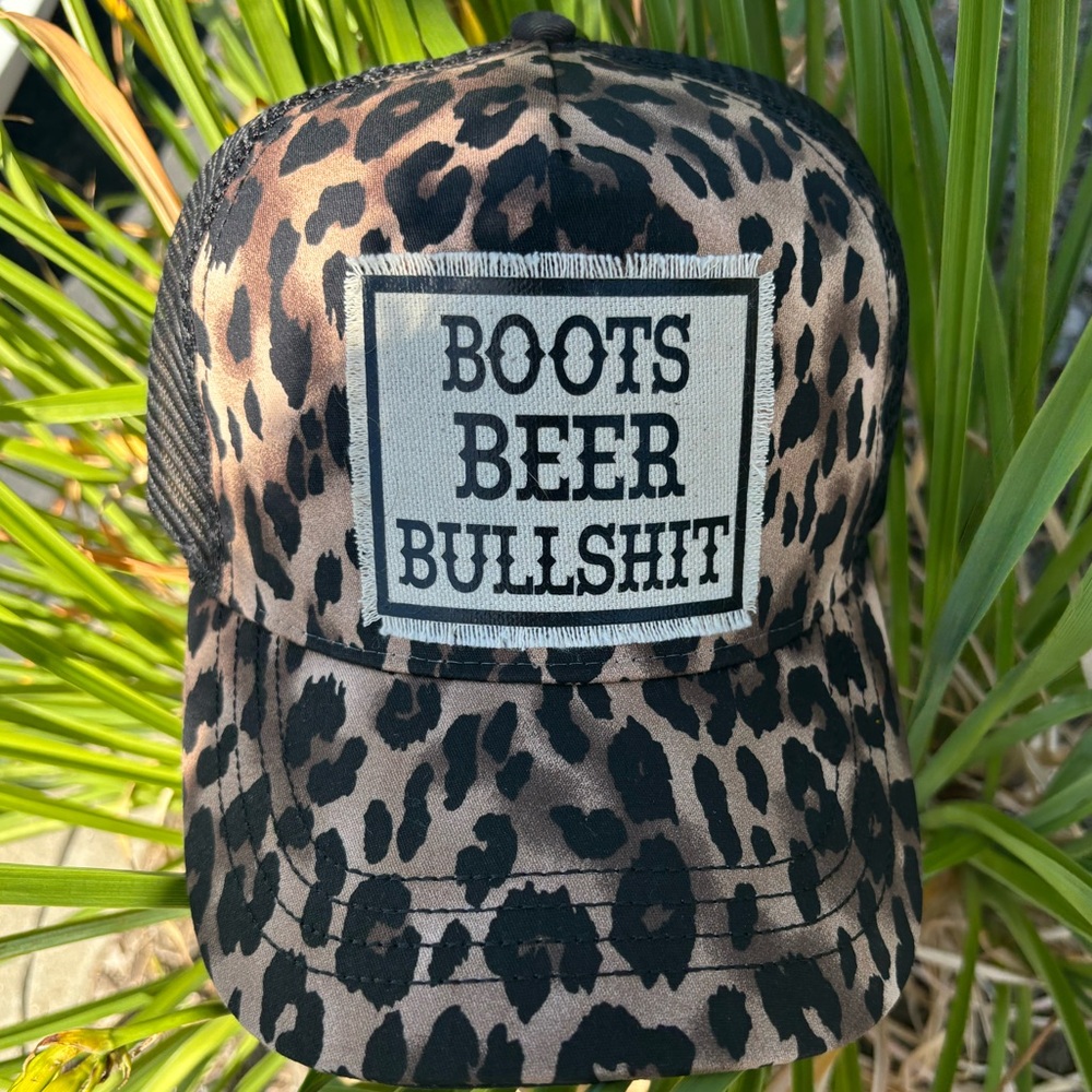 Leopard Print Trucker Hat Boots, Beer and Bullshit